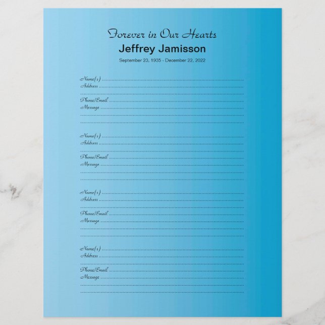 Memorial Book Filler Sign-In Page Blue Gradient (Front)