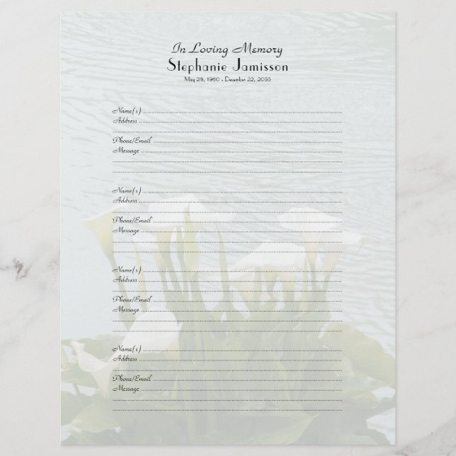 Memorial Book Filler Sign-In Page Calla Lilies Custom Letterhead (Front)