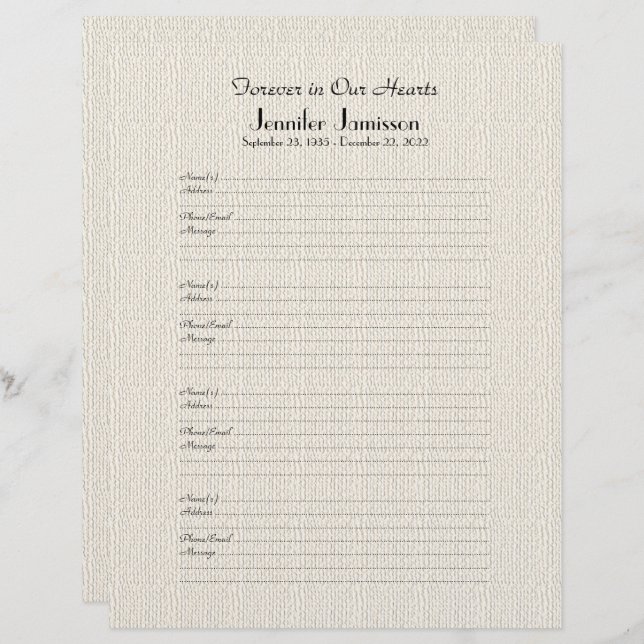 Memorial Book Filler Sign-In Page Faux Burlap (Front/Back)