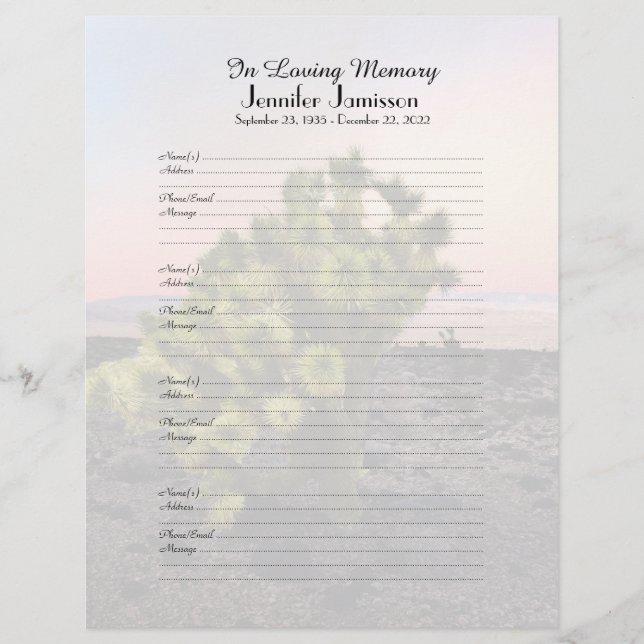 Memorial Book Filler Sign-In Page Joshua Tree (Front)