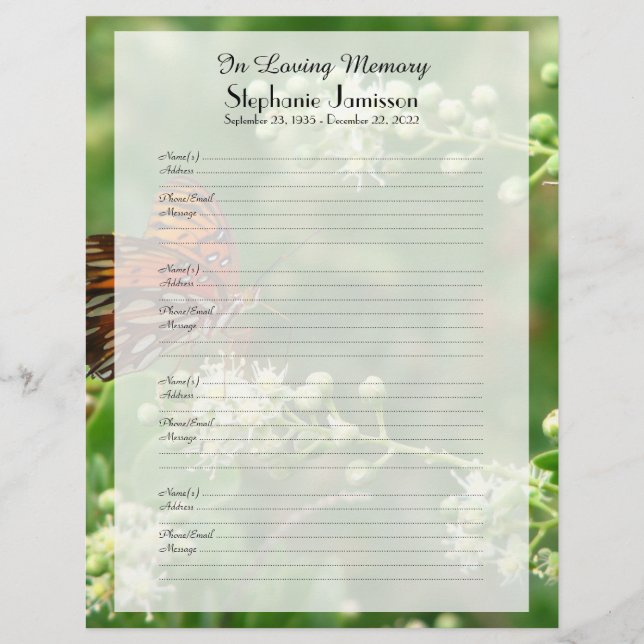 Memorial Book Filler Sign-In Page Orange Butterfly (Front)