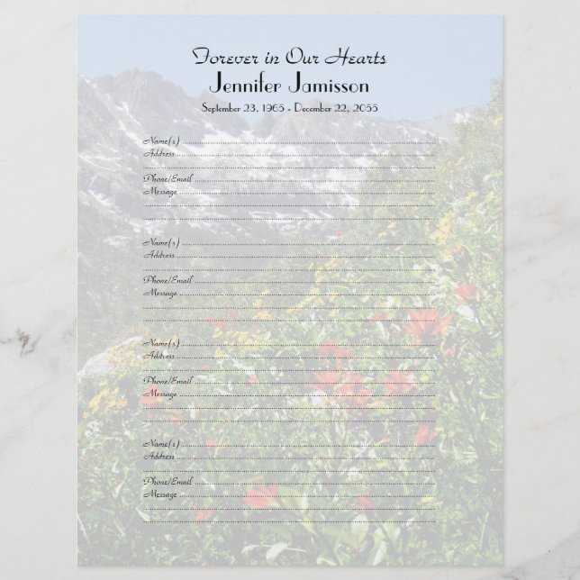 Memorial Book Filler Sign-In Page Wildflowers (Front)