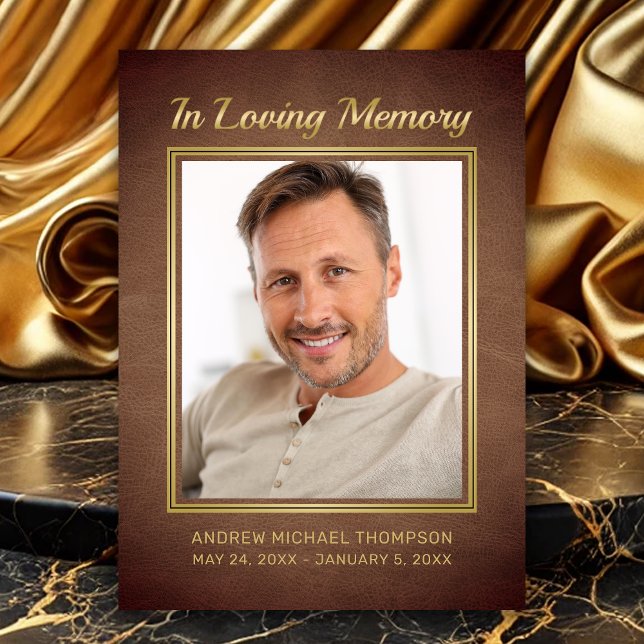 Memorial Brown Leather with Gold Photo Sympathy Thank You Card (In Loving Memory Faux Brown Leather Photo Funeral Thank You card)