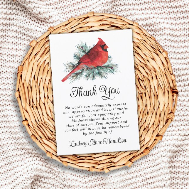 Memorial Cardinal Watercolor Evergreen Thank You Card (Creator Uploaded)