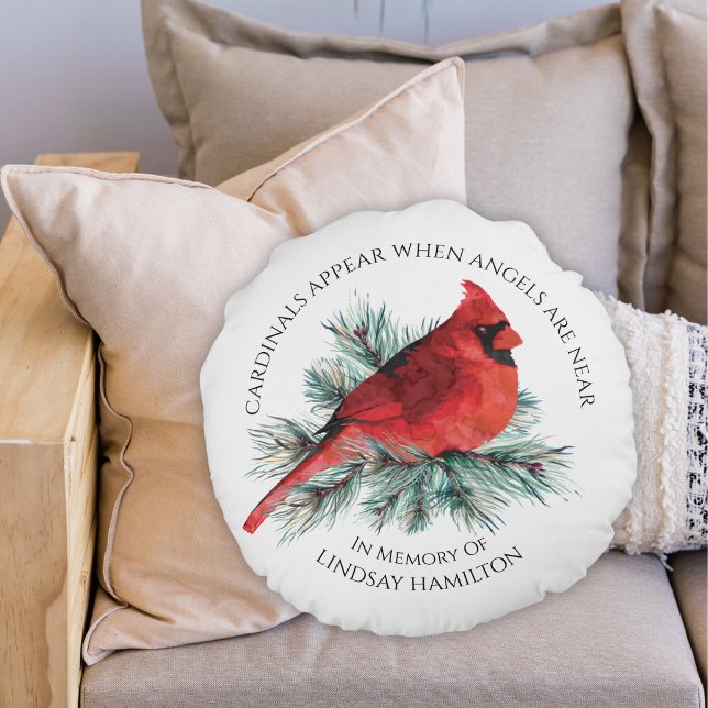 Memorial Cardinals Appear Saying Watercolor Pine Round Cushion (Creator Uploaded)