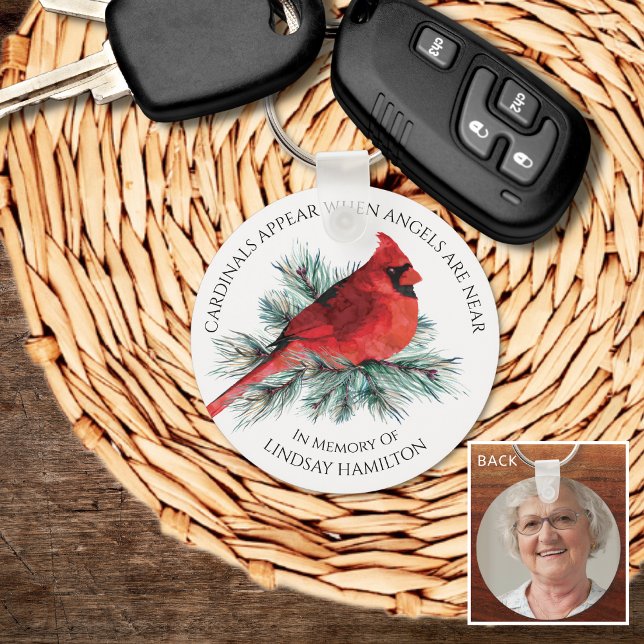 Memorial Cardinals Appear Watercolor Pine Photo Key Ring (Creator Uploaded)