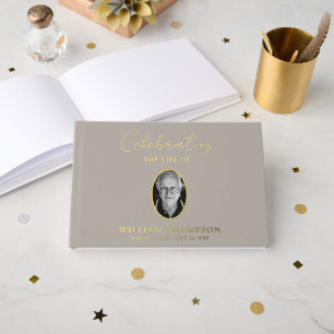 Memorial Celebrating Life Funeral Beige Gold Photo Guest Book