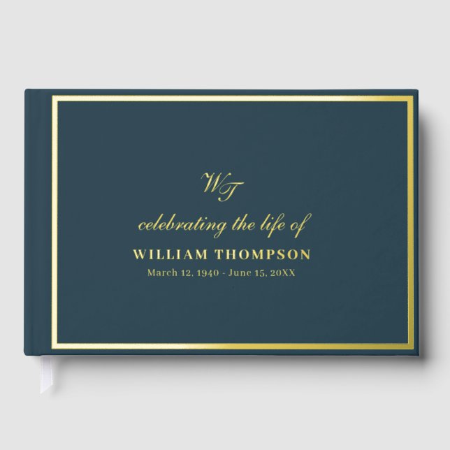 Memorial Celebrating Life Of Funeral Navy Gold Guest Book (Front)
