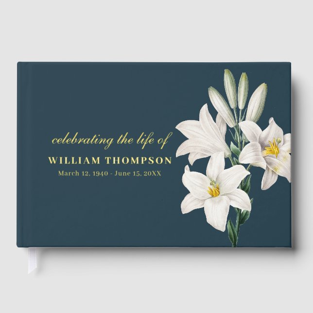 Memorial Celebrating Life Of Funeral Navy Lilies Guest Book (Front)