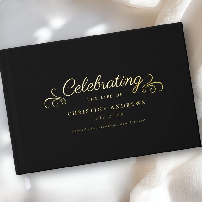  Memorial "Celebration of life" Foil, Black Guest Book (Personalized, Memorial "Celebration of life" Foil, Black Foil Guest Book.)