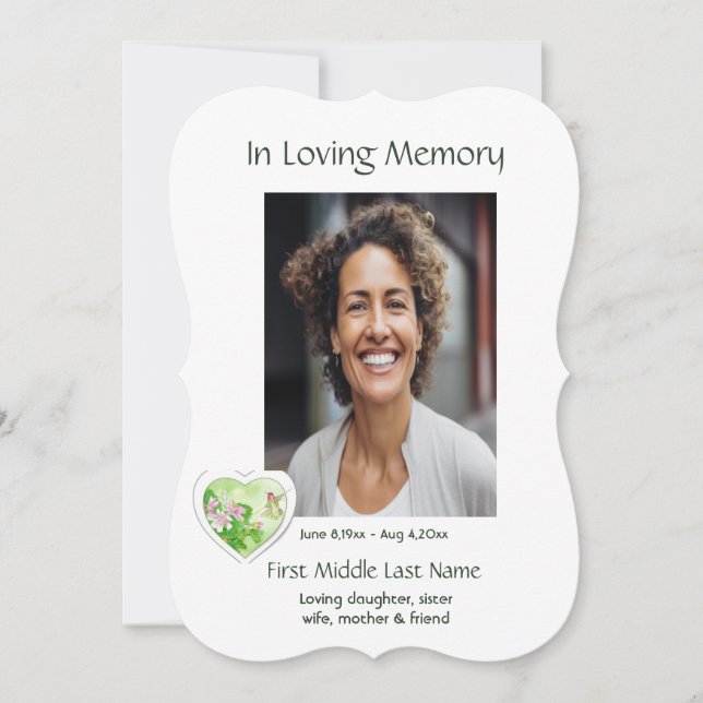 Memorial, Celebration of Life, Service Hummingbird Invitation (Front)