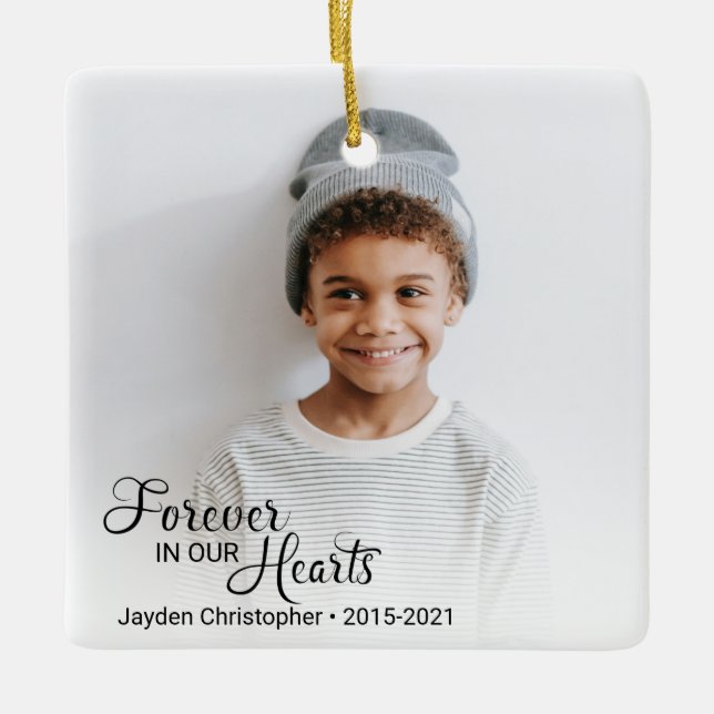 Memorial Child Photo Forever In Our Hearts Ceramic Ornament (Front)