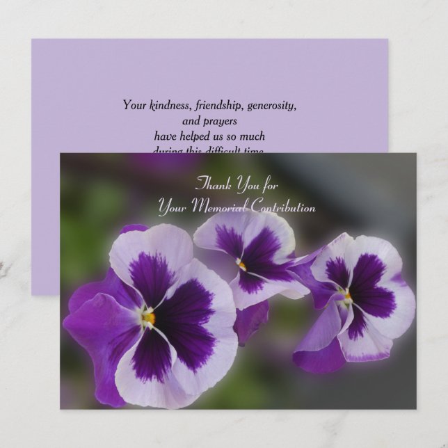 Memorial Contribution Purple Flower Thank You Card (Front/Back)