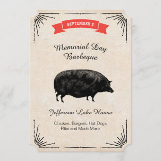 Memorial Day Barbeque BBQ Picnic Black Vintage Pig Invitation