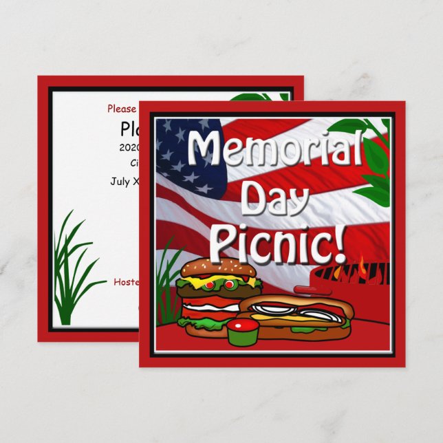 Memorial Day BBQ Grill Picnic Hamburger Hotdog Invitation (Front/Back)