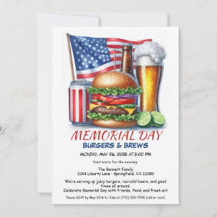 Memorial Day Burgers & Brews   Backyard BBQ Party Invitation