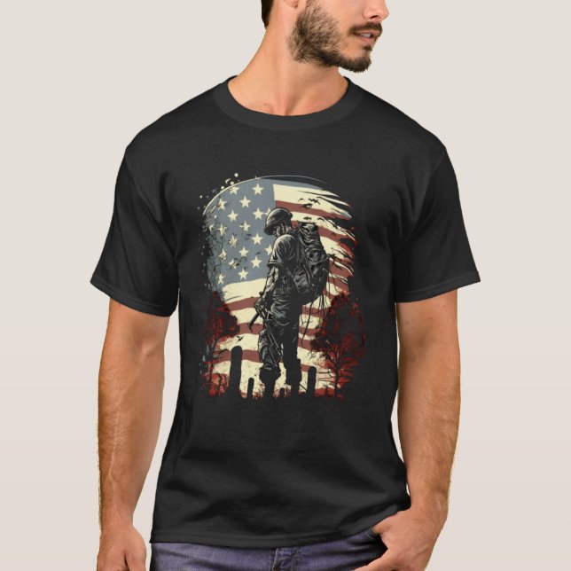 Memorial Day Fallen Veteran Soldier American Flag  T-Shirt (Front)