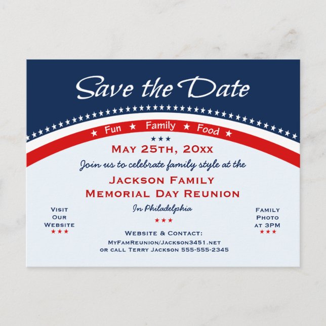 Memorial Day Family Reunion, Party, Save the Date Announcement Postcard (Front)
