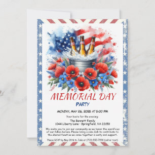 Memorial Day Party Invitation – USA Flag, Florals