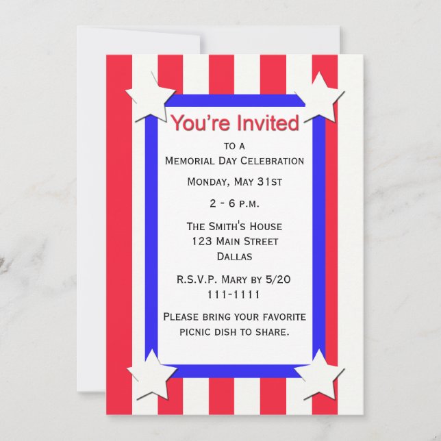 Memorial Day Party Stars and Stripes Invitation (Front)