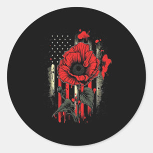 Memorial Day Red Poppy Flower American Flag Usa 4t Classic Round Sticker