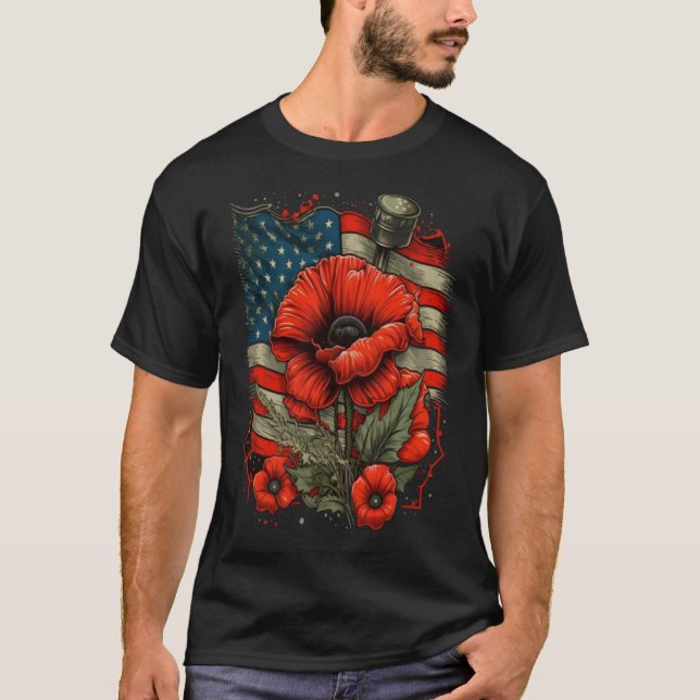 Memorial Day Red Poppy Flower American Flag USA 4t T-Shirt (Front)