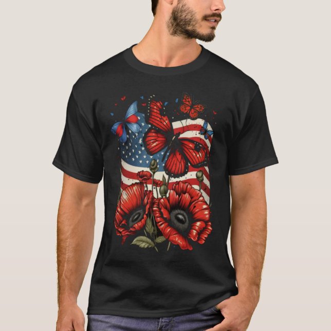 Memorial Day Red Poppy Flower Butterfly USA Flag 4 T-Shirt (Front)