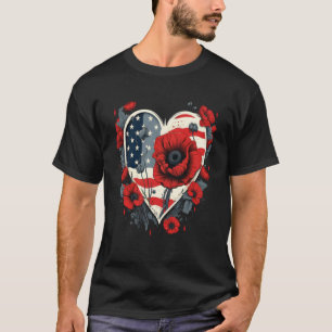 Memorial Day Red Poppy Flower USA Heart Flag 4th o T-Shirt