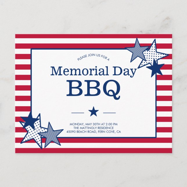 Memorial Day Stars Stripes Modern Patriotic BBQ Invitation Postcard (Front)