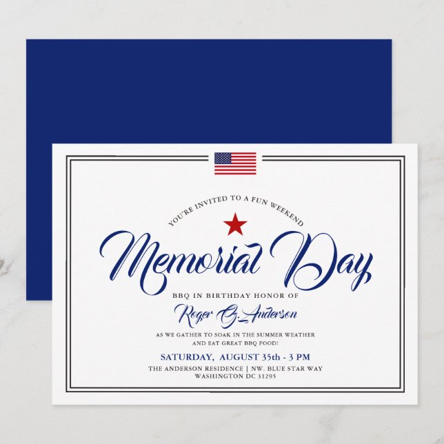Memorial Day Themed Patriotic Birthday Party Invitation (Front/Back)