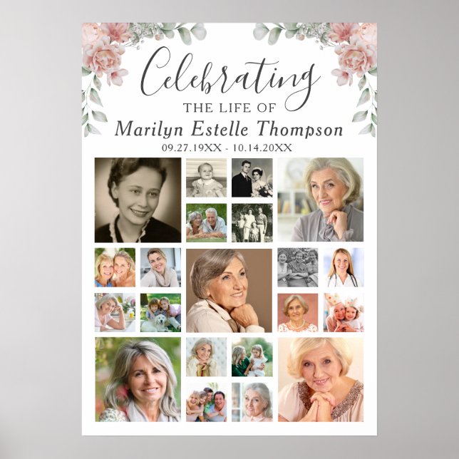 Memorial Floral Celebrating Life 21 Photo Collage Poster (Front)