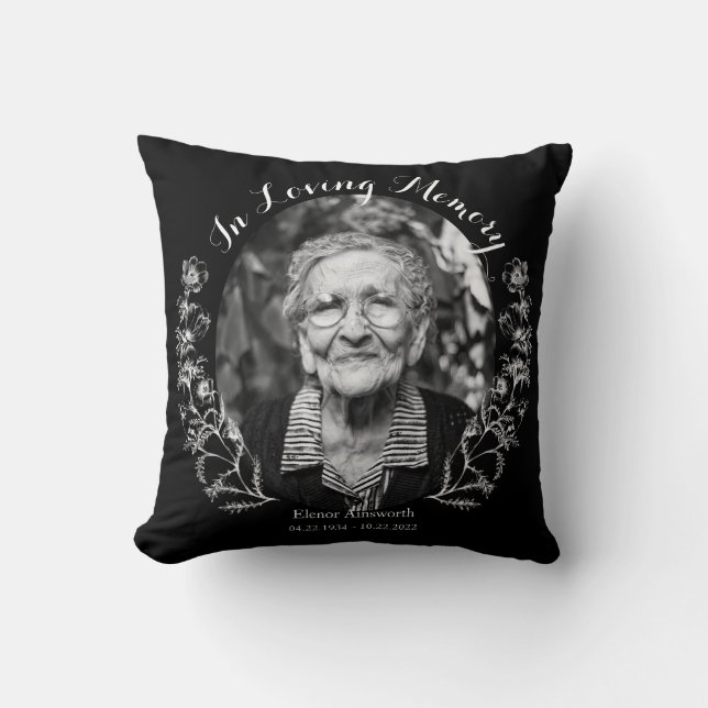 Memorial Floral In Loving Memory Photo Black  Cushion (Front)