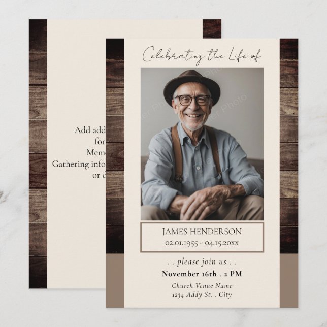 Memorial Floral Rusitc Wood Photo Funeral Invitation (Front/Back)