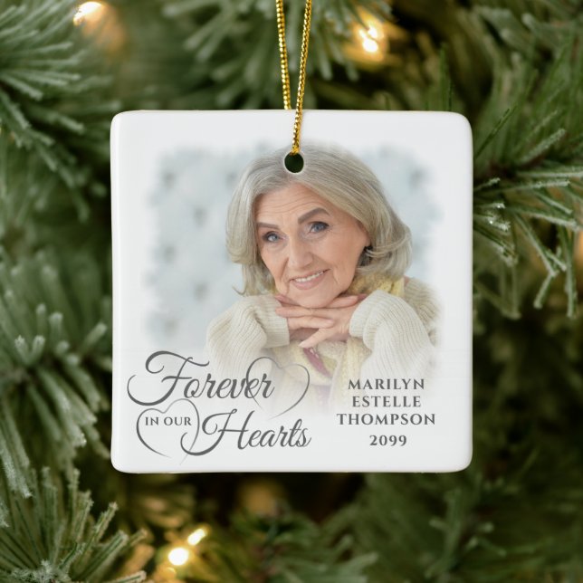 Memorial FOREVER IN OUR HEARTS 2 Photo Silver Grey Ceramic Ornament (Tree)