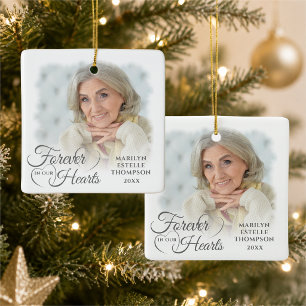 Memorial FOREVER IN OUR HEARTS 2 Photo Silver Grey Ceramic Ornament