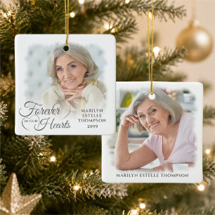 Memorial FOREVER IN OUR HEARTS 2 Photo Silver Grey Ceramic Ornament