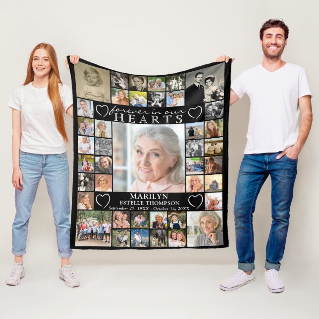 Memorial FOREVER IN OUR HEARTS 40 Photo Collage Fleece Blanket (In Situ)