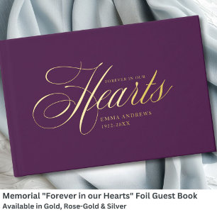 Memorial "Forever in our Hearts" Gold-Foil, Violet Guest Book