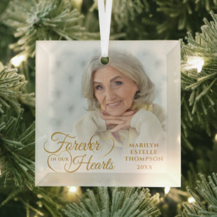 Memorial FOREVER IN OUR HEARTS Photo Gold Glass Tree Decoration