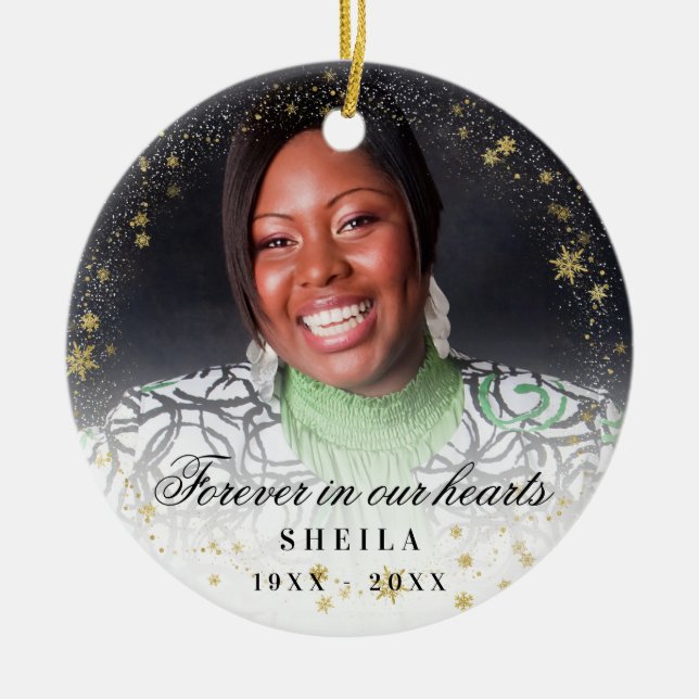 Memorial forever photo gold snow ceramic tree decoration (Front)