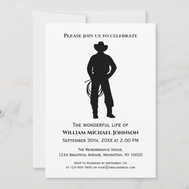 Memorial Funeral Black And White Cowboy Lasso Invitation (Front)