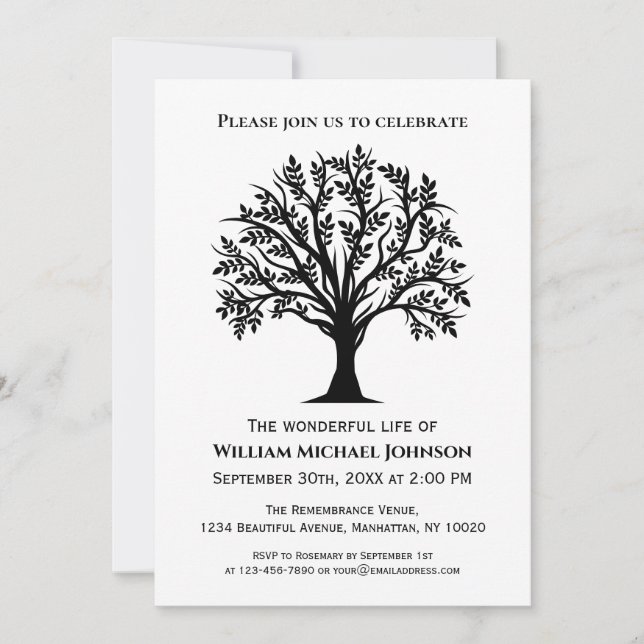 Memorial Funeral Black And White Tree Of Life Invitation (Front)