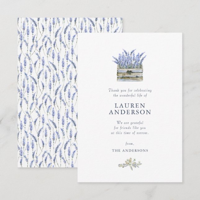 Memorial Funeral Country Rustic Lavender Florals Thank You Card (Front/Back)