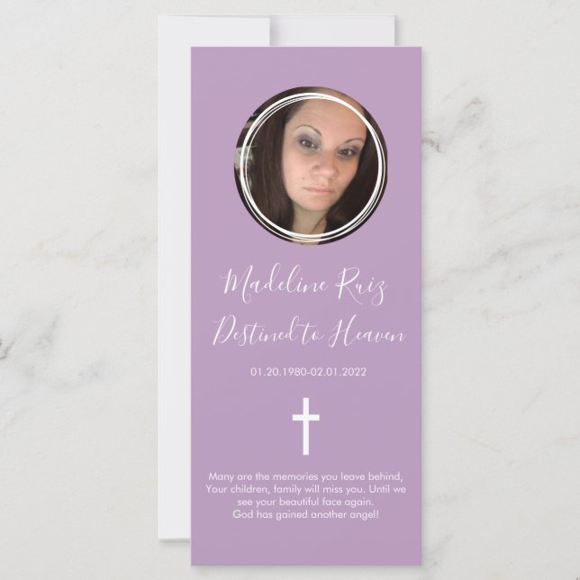 Memorial Funeral Cross Photo Purple Bookmark (Front)
