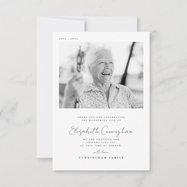 Memorial Funeral Elegant Simple Modern Chic Photo Thank You Card (Front)
