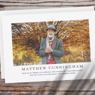 Memorial Funeral For Him   Elegant Modern Photo Thank You Card