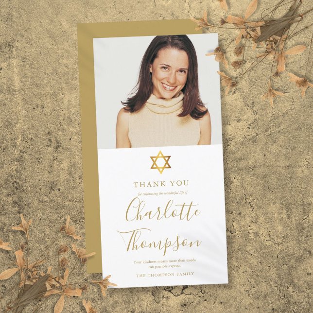 Memorial Funeral Gold Jewish Star of David Photo Thank You Card (Memorial Funeral Gold Jewish Star of David Photo Thank You Card)