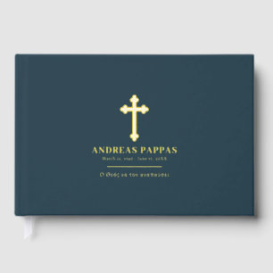 Memorial Funeral Greek Orthodox Navy Blue Gold Guest Book