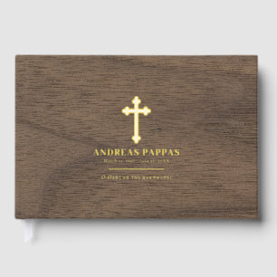 Memorial Funeral Greek Orthodox Wood Gold Guest Book
