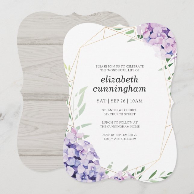 Memorial Funeral Hydrangea Lilac Floral Geometric Invitation (Front/Back)